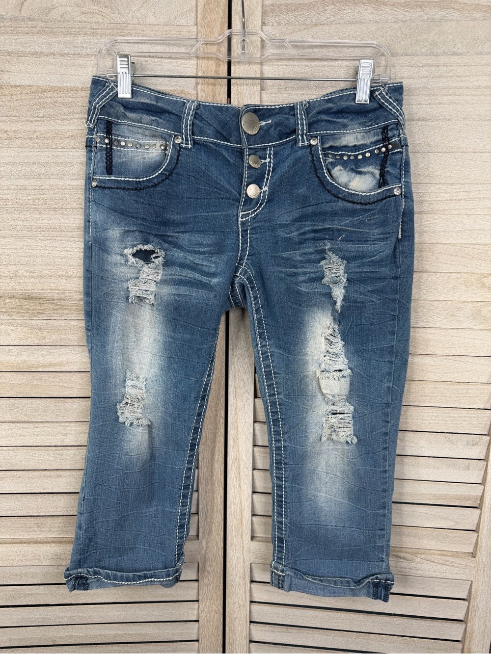 NO BOUNDARIES Y2K Low Rise Distressed Cropped Jeans Stitching Rivets Gems-13